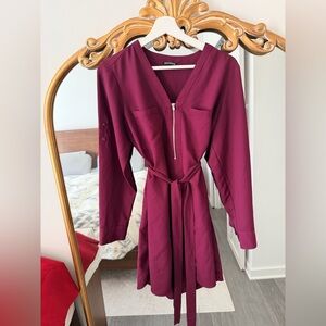 Express Burgundy Portofino Dress with Gold Zipper and Belt